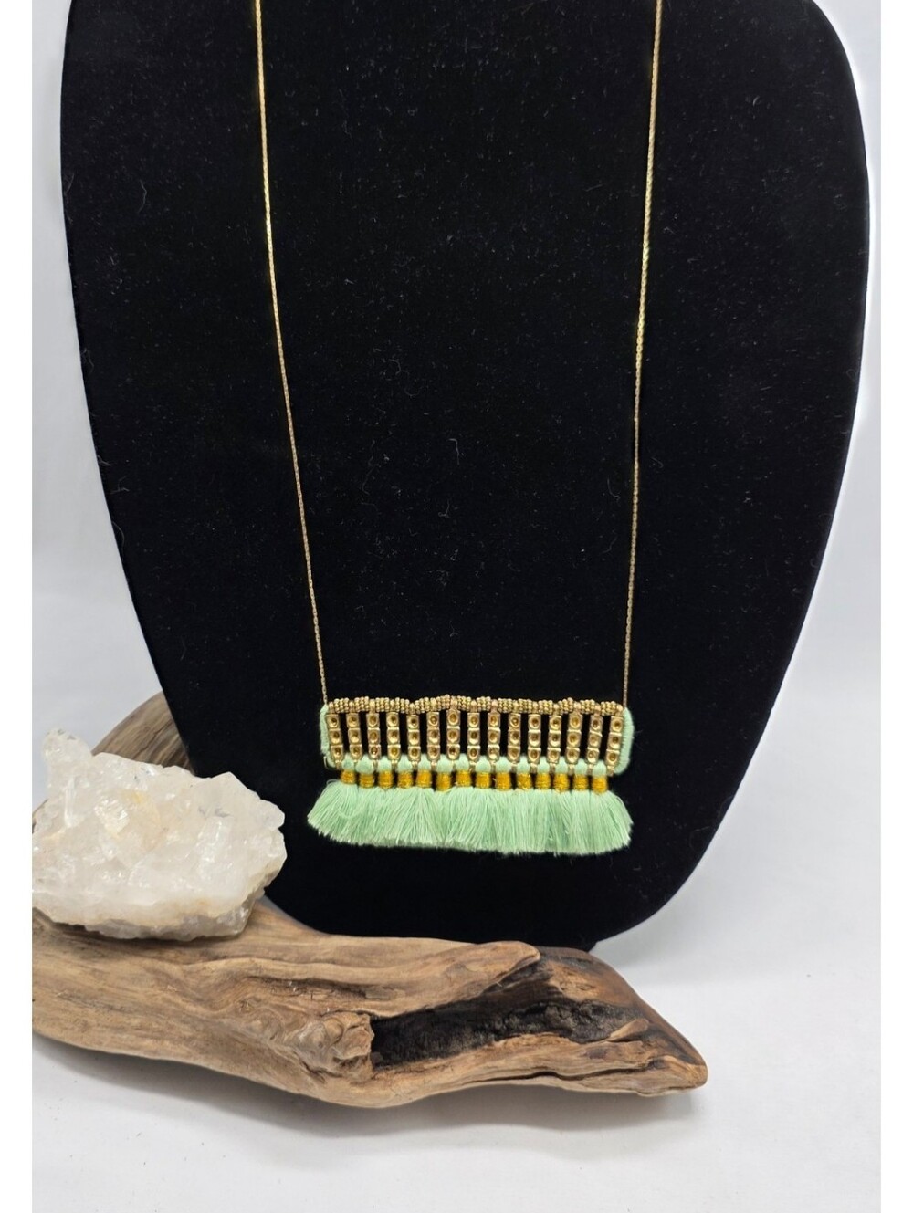 Mint Green Fringe Tassel Statement Necklace Gold Tone Boho Artisan